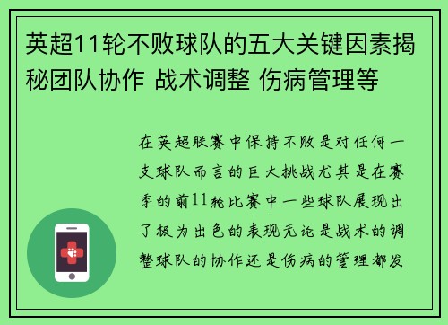 英超11轮不败球队的五大关键因素揭秘团队协作 战术调整 伤病管理等