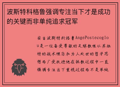 波斯特科格鲁强调专注当下才是成功的关键而非单纯追求冠军 波斯特科格鲁强调专注当下才是成功的关键而非单纯追求冠军