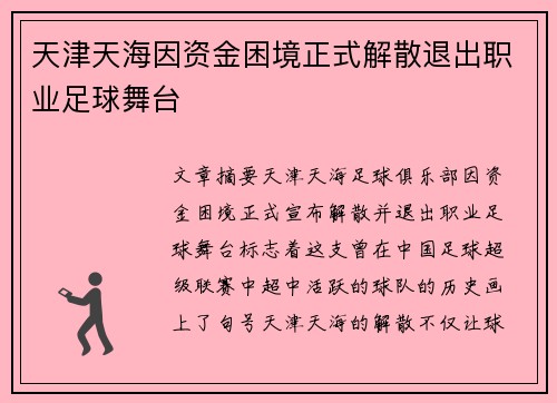 天津天海因资金困境正式解散退出职业足球舞台