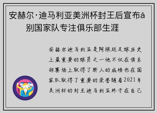 安赫尔·迪马利亚美洲杯封王后宣布告别国家队专注俱乐部生涯