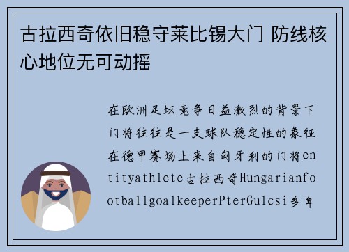 古拉西奇依旧稳守莱比锡大门 防线核心地位无可动摇 古拉西奇依旧稳守莱比锡大门 防线核心地位无可动摇